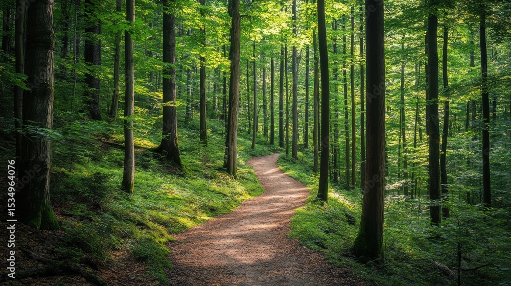 Poster serene forest path surrounded by trees on a sunny day