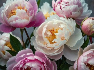 An eye level shot showcases a stunning arrangement of various peony blossoms in full bloom.