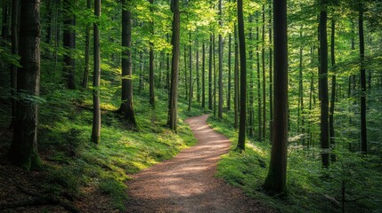 Fototapeta premium Serene forest path surrounded by trees on a sunny day