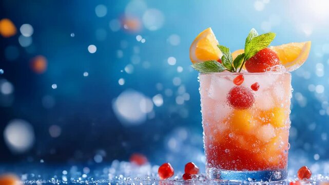 Colorful fruit cocktail with ice, lemon, strawberry, mint, and pomegranate garnishes on vibrant blue background with bokeh lights, creating refreshing and lively beverage perfect for summer