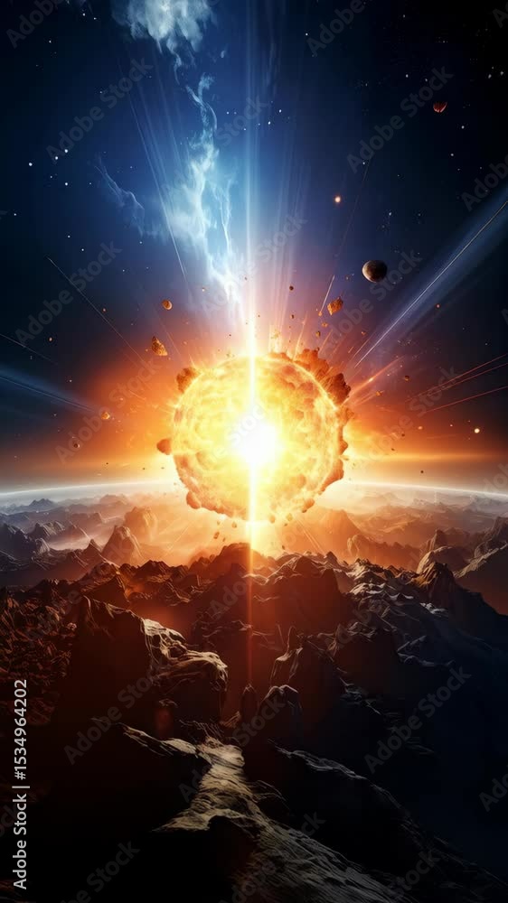 Poster exploding star or celestial body over rocky landscape, cosmic event with bright light rays and celes