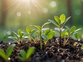 Fresh green seedlings emerge from the earth, illuminated by sunlight, symbolizing growth, hope, and new beginnings in nature