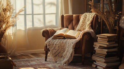 Cozy living room with open book on armchair and dried flowers