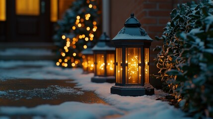 Snowy path with Christmas lanterns