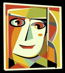 A geometric and abstract portrayal of a face features vibrant colors and varied shapes intersecting across the composition