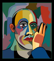 A colorful abstract portrait showcases a person holding in their hand a cellular. Various geometric shapes and vibrant hues give the piece a modern, fragmented appearance.