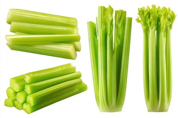 Fresh celery stalks with leafy tops, assorted arrangements showcasing shape, thickness, and texture variation isolated on white background