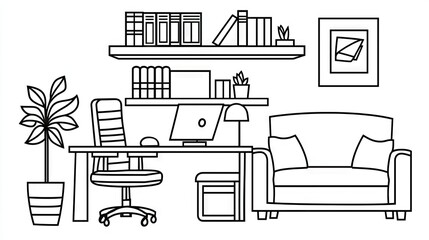 Line drawing of a home office space with a desk, chair, sofa, and shelves.