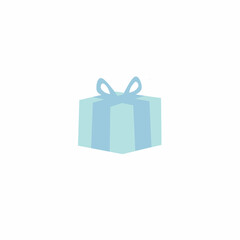Vector minimalist blue gift box with ribbon and bow, illustrated in flat design style on white background.