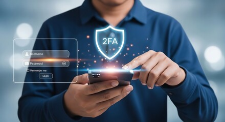 cyber security concept and Protect Privacy Data . Data protection with 2FA security , Login Authentication using UserName and Password ,A person holds smartphone screen with 2FA Virtual Interface .