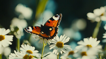Vibrant peacock butterfly resting on a daisy, capturing the beauty of a summer meadow