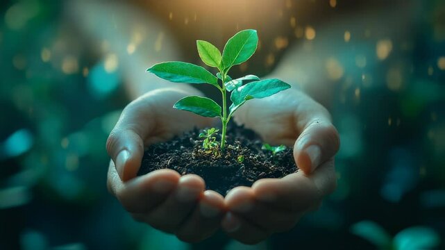 Tender hands cradling a fledgling sprout, symbolizing ecological revival