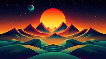 Vivid landscape with vibrant mountains and dunes under a stylized sun.