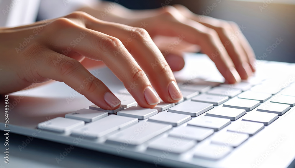 Poster closeup of hands typing on white computer keyboard, modern workspace, technology and business concep