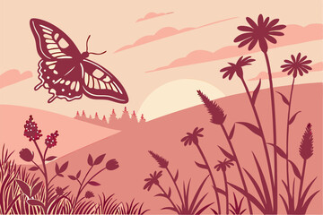 Golden Hour Flight – Butterfly Silhouette in Wildflower Field