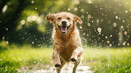 A golden retriever joyfully runs through water, captured in a burst of droplets in a sunlit outdoor scene.