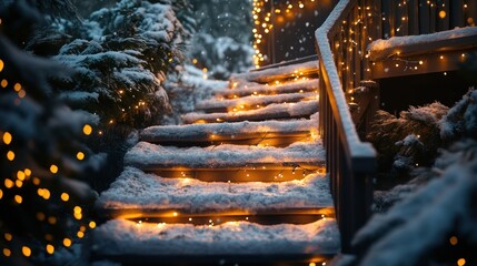 Snowy steps, warm lights, winter scene