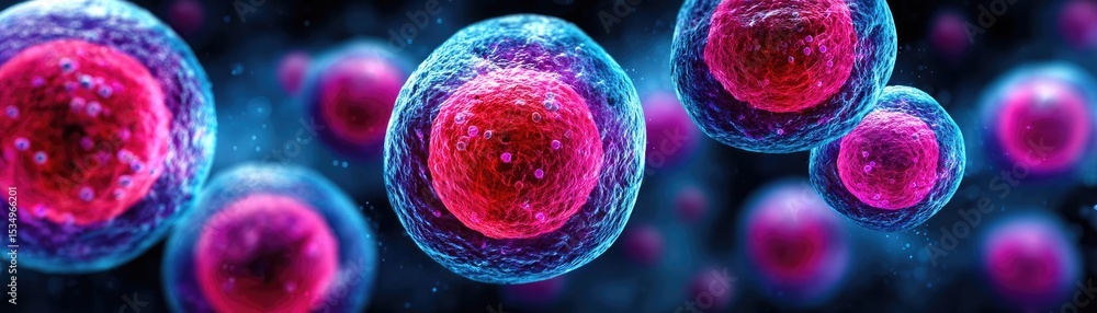 Poster immune response discovery and treatment mechanism concept. close-up view of colorful cells under mic