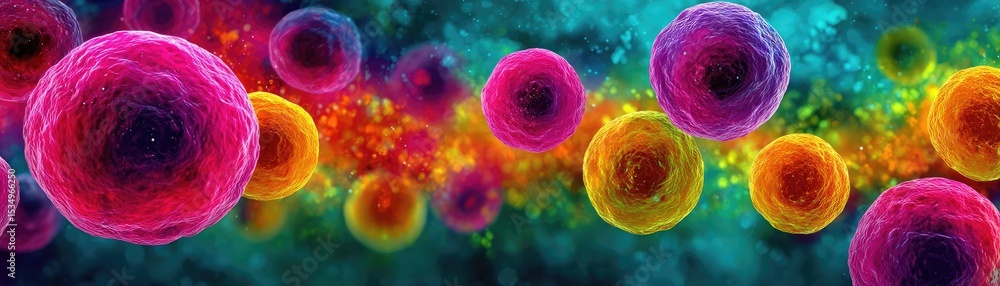 Poster immune response discovery and treatment mechanism concept. colorful representation of cells in a mic