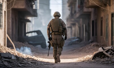 Back view of soldier in urban ruins