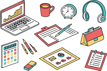 Colorful Office and Work Elements Illustration Set. Workplace Tools and Office Icons in Colorful Style. Business and Office Supplies Illustration Collection. Modern Office Items and Work Equipment