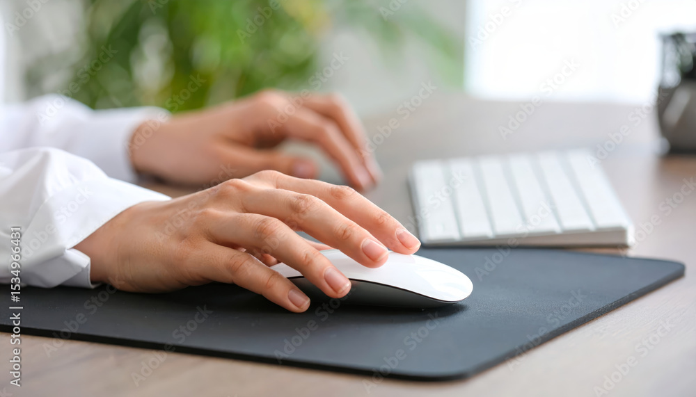 Poster female hand using white computer mouse on black pad typing on keyboard working at desk in office clo