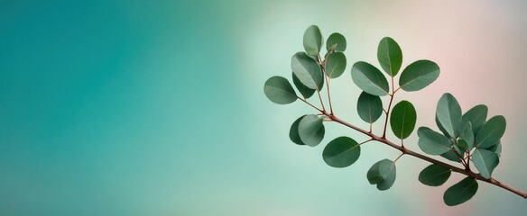A slender branch with vibrant green leaves is set against a beautiful teal and pink backdrop