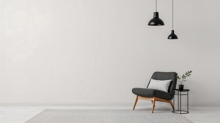 Minimalist Room Gray Armchair White Walls Black Lamps Light Gray Rug Small Side Table Plant