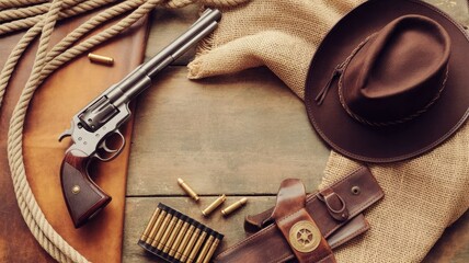 Wild west revolver gun with cowboy hat leather holster and rope on rustic wood