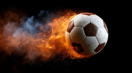 Naklejka premium A burning soccer ball on a black background. The passion and power of soccer. Topics related to sports, football, competitions, victory, speed, goal, championship, betting.