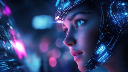 Young woman with futuristic helmet interacting with digital interface