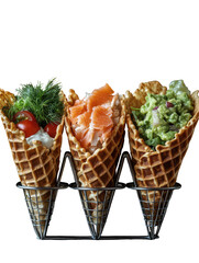 Three savory waffle cones, not sweet, each standing upright on transparent background


