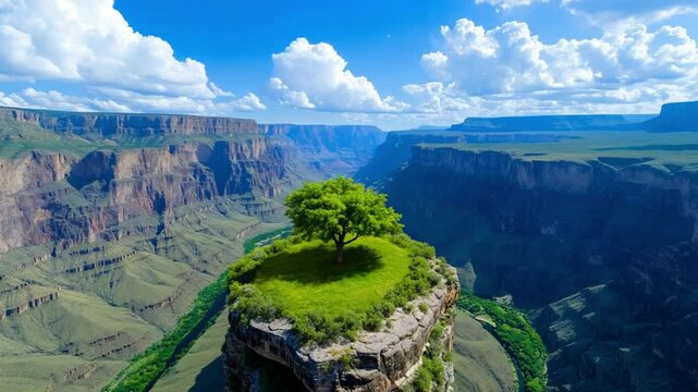 Tree on canyon peak with isolated green summit and tree view, dramatic canyon landscape with tree and tree solitude, Isolated Tree on Mountain Peak, Scenic Canyon Summits with Nature Focus 