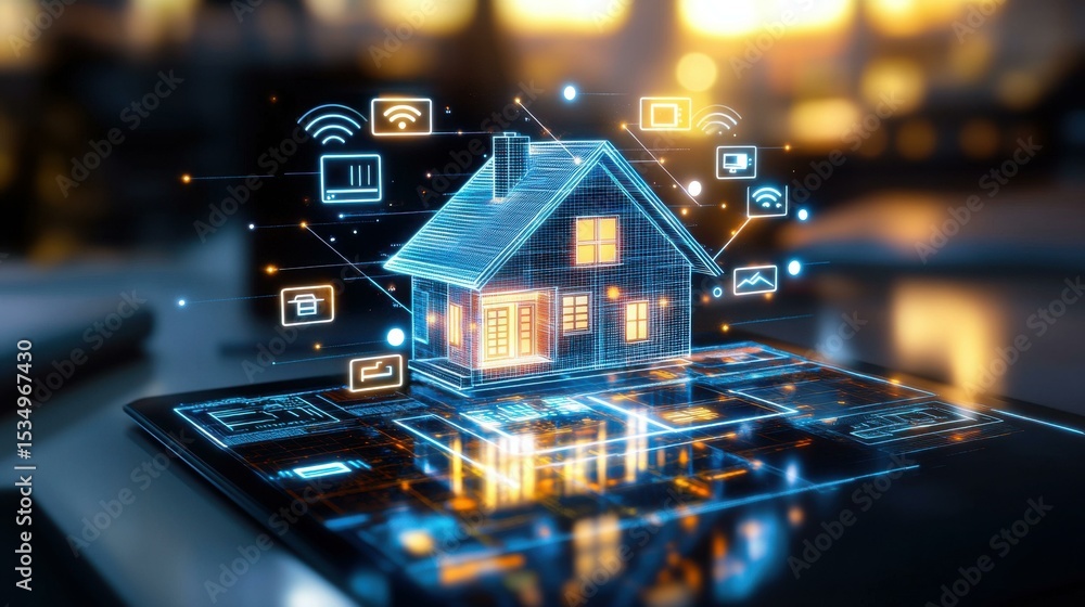 Aufkleber three-dimensional wireframe house model with smart technology icons