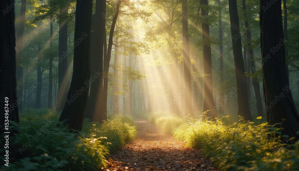 Poster Sunbeams illuminating a tranquil forest path with trees