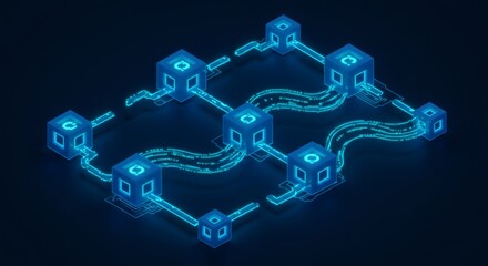 Abstract Blockchain Network Glowing Cubes and Digital Connections