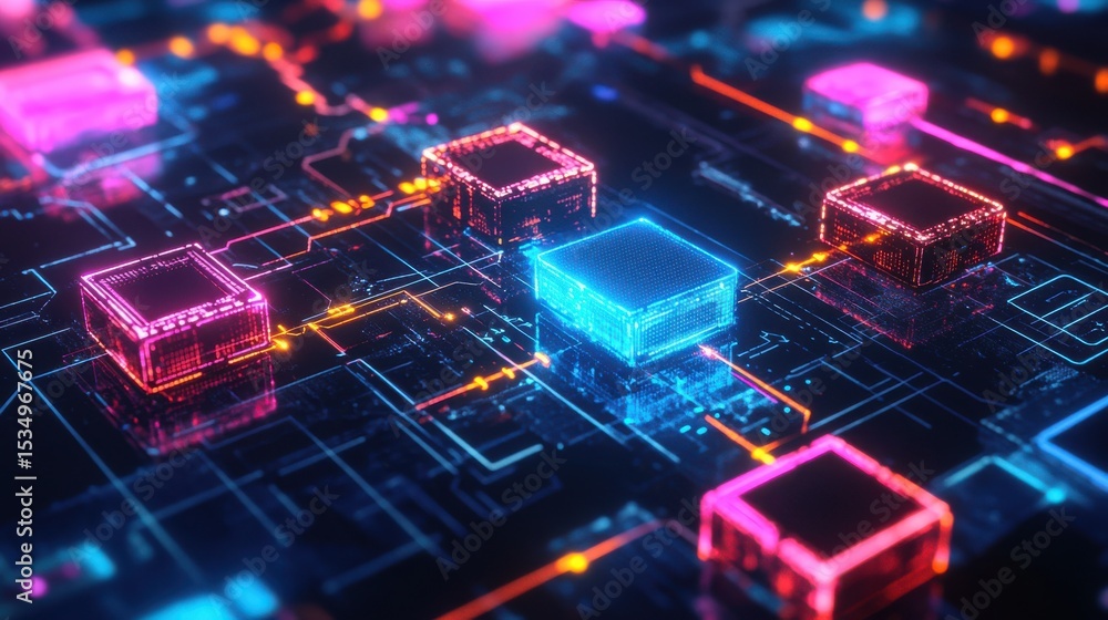 Poster Glowing cubes representing data transmission in digital environment