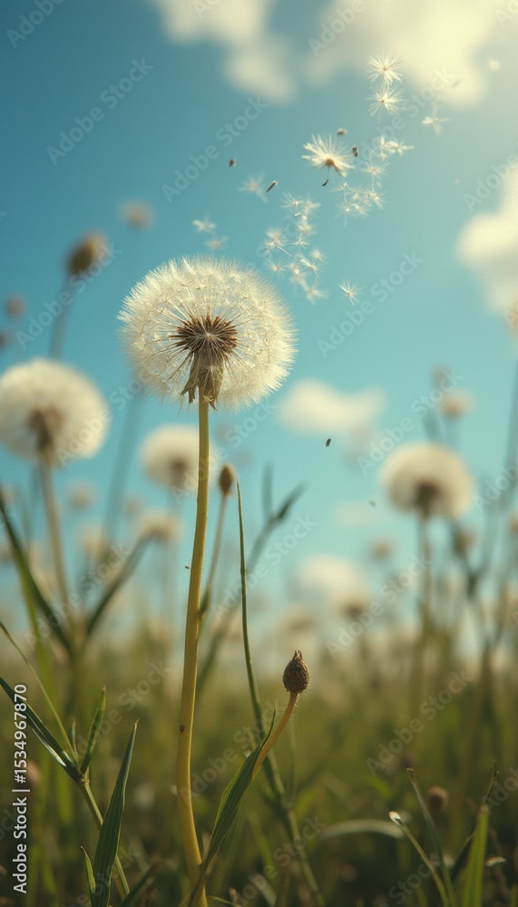 Poster main dandelion with seeds dispersing in sunny field