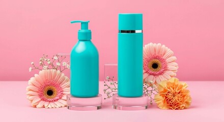 Aesthetic studio shot of cosmetic bottles surrounded by natural flowers, emphasizing beauty and personal care.
