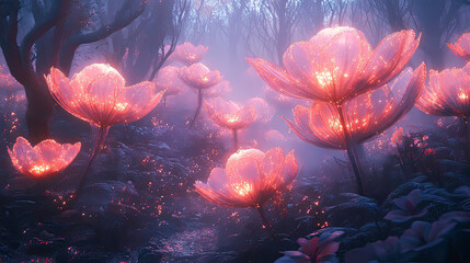 Glowing pink flowers bloom in a serene, mystical forest bathed in ambient light.