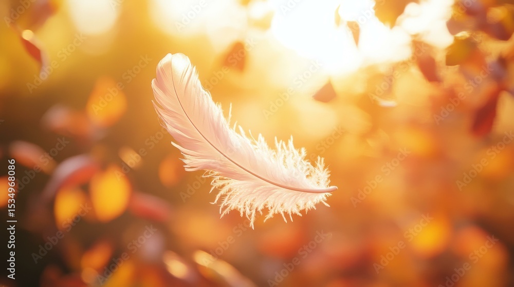 Poster single feather floating in autumn nature during daytime