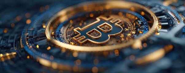 Automated income in profitable system and income generator concept. Close-up of a Bitcoin on a digital circuit board background.