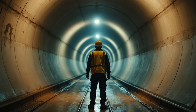 Adult man in hard hat and safety vest standing in dark tunnel