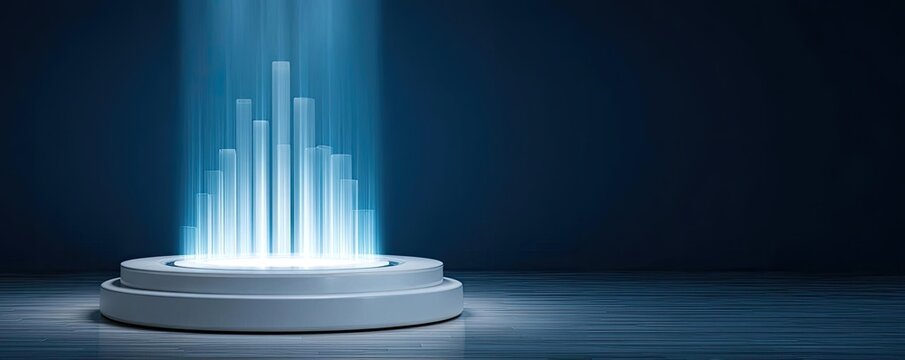 Automated income in profitable system and income generator concept. Futuristic display pedestal with glowing light beams and depth.