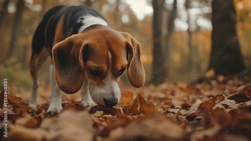 Poster beagle sniffing autumn leaves in peaceful forest setting