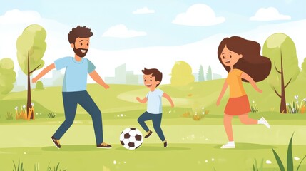 Happy family playing soccer in sunny park outdoors
