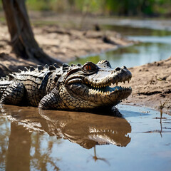 Obraz premium A caiman basking on a muddy riverbank, its textured skin and sharp teeth clearly visible. Reflection in the still water. 