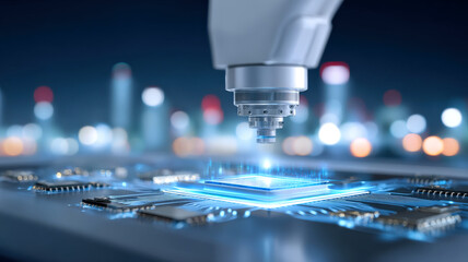Robotic arm precisely positions microchip on circuit board, highlighting advanced technology and innovation in electronics manufacturing. scene is illuminated with futuristic glow