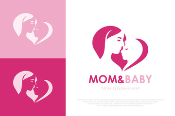 mother child love care logo in flat design . vector illustration