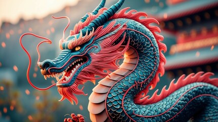 Obraz premium Dragon Sculpture with Pagoda Background Detailed Colorful Design